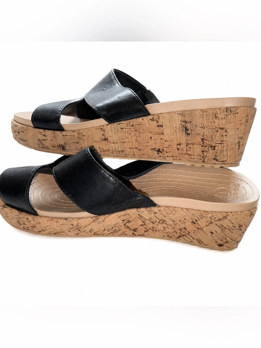 Crocs A-Leigh Leather Mini Wedge Sandals Women’s 8 Black Cork Slingback